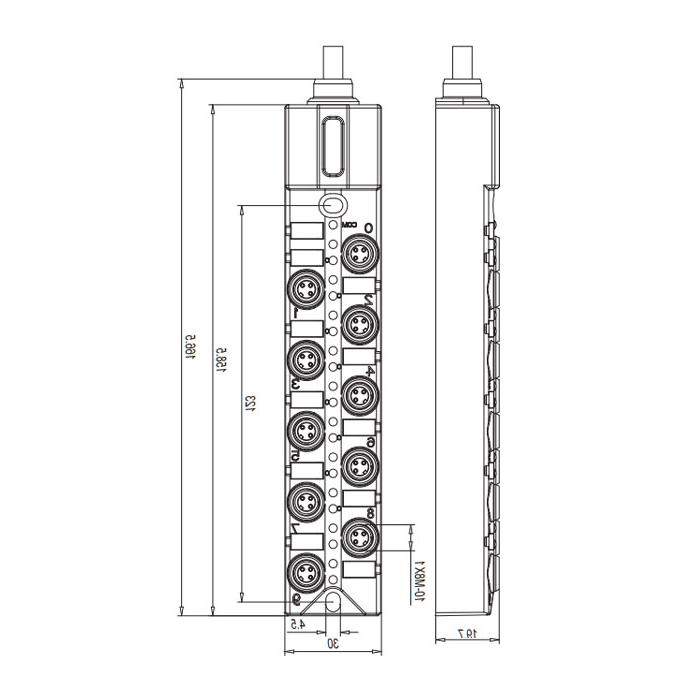 M8分线盒、单通道、PNP、10端口一体式、带LED、PVC非柔性电缆、灰色护套、23PA31-XXX